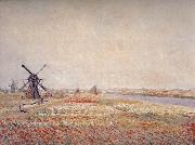Field of Flowers and Windmills Near Leiden Claude Monet